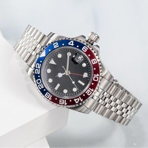Stainless Steel Watch with Red and Blue Bezel